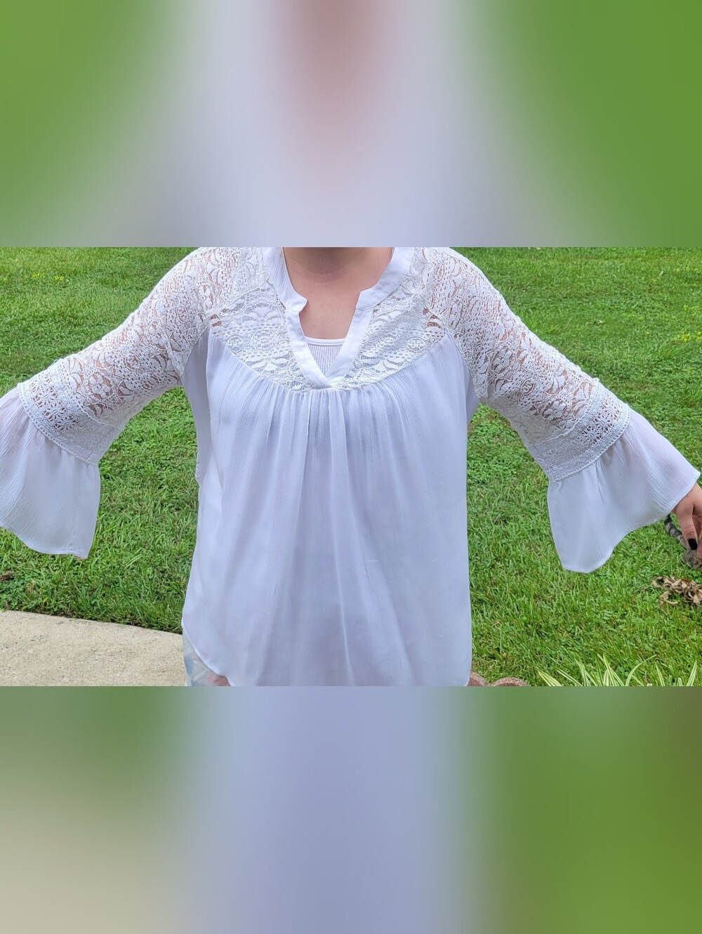 Chico's White Lace Yoke Bell Sleeve Women's Top